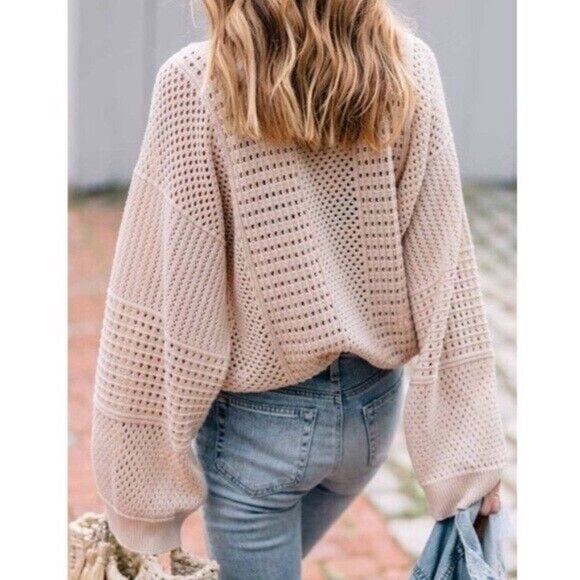 Anthropologie MOTH Sweater Women Small Sand Reese Kimono Sleeve Crochet Pullover - Picture 15 of 16